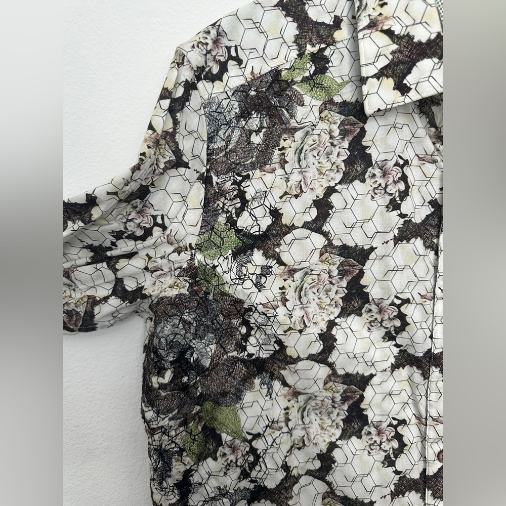 Robert Graham Button Down White Floral embroidered French Cuff large black green - Picture 7 of 13